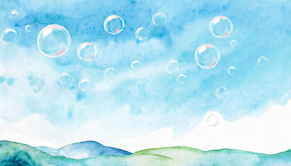 背景イラスト-  Watercolor/ 青空,しゃぼん玉