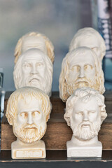 Plaster bust of philosophers Aristotle, Epictetus and group of other busts. Portraits of ancient...