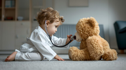 Children Playing with Teddy Bear and Stethoscope