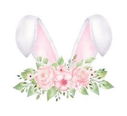 Watercolor Easter Bunny ears with flowers isolated on white background. - 731565250