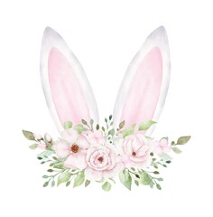 Watercolor Easter Bunny ears with flowers isolated on white background. - 731565449