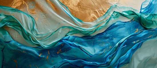 Abstract image with a blue, dirty surface, brown textile, green fluid pattern, sea liquid splash, azure retro print, ocean painting, feminine shawl, and banner.