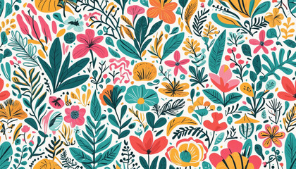 Abstract summer art seamless pattern with colorful nature doodles. Organic flat cartoon background, tropical vacation shapes in bright childish colors. Floral hawaiian print, exotic travel texture. - obrazy, fototapety, plakaty