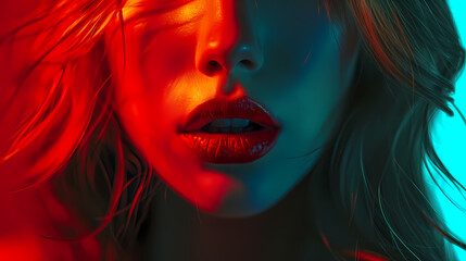 A close-up of a woman's lips showing a red light, in the style of neon impressionism