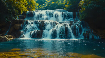 A majestic waterfall, with cascading water as the background, during a refreshing afternoon