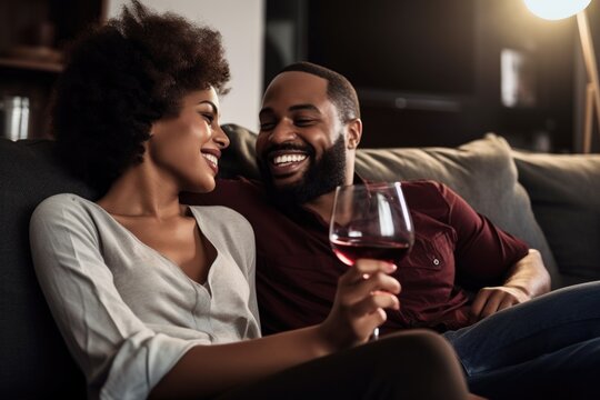 Shot Of A Happy Young Couple Enjoying A Glass Of Wine While Relaxing On Their Couch At Home