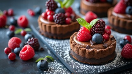 Indulgent sweet treats like chocolate and berry tarts are beautifully presented for a memorable finale - obrazy, fototapety, plakaty