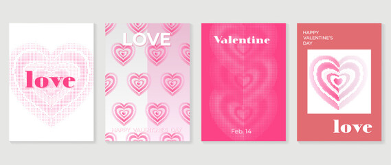      Happy Valentine's day love cover vector set. Romantic symbol wallpaper of geometric shape pattern, heart shaped icon, halftone. Love illustration for greeting card, web banner, package, cover, fa
