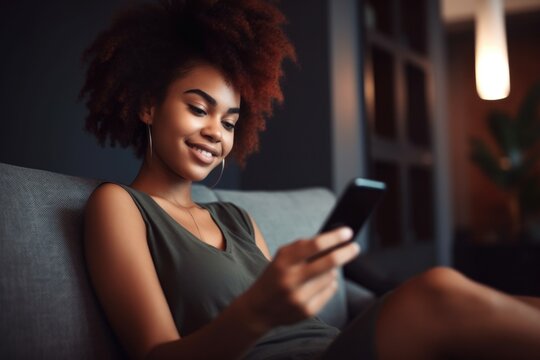 Shot Of A Beautiful Young Woman Using Her Cellphone While Relaxing On The Sofa At Home