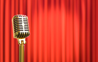 The microphone on stage with a red curtain background. 3D illustration
