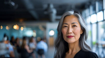 proud prosperous mid aged mature professional Asian business woman ceo executive wearing suit standing in office arms crossed looking away thinking of success, leadership, side profile view.