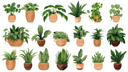 Set of houseplants isolated on white background