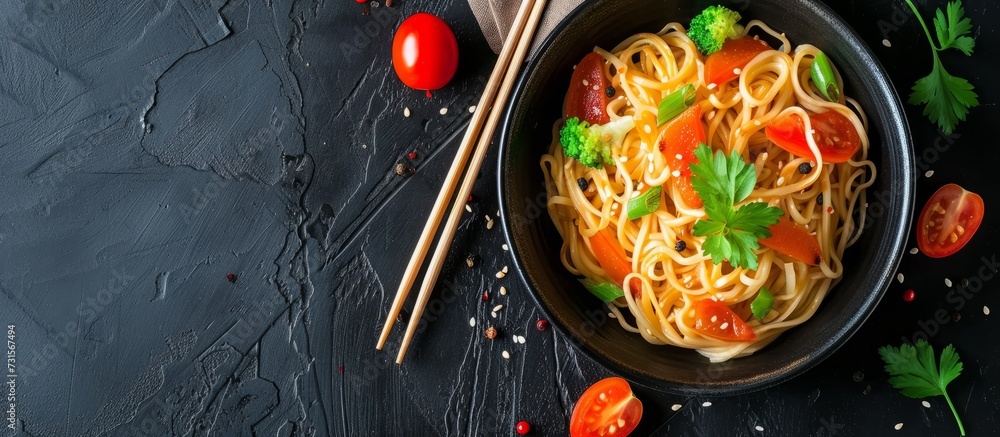 Poster asian traditional cuisine consisting of egg noodles with tomato and vegetables.