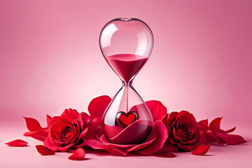 hourglass with red heart. Red heart flowing in hourglass on pastel background - Time for love concept