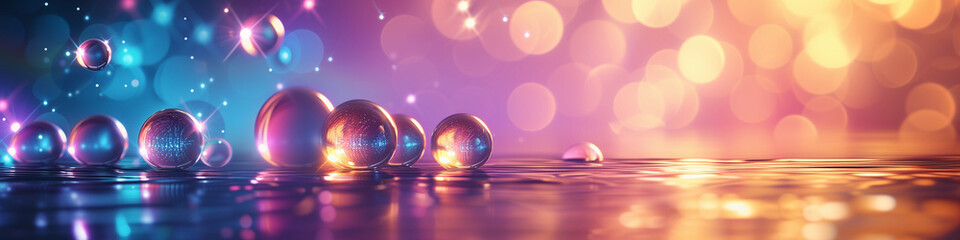 Modern background, sparkling glass balls glisten with the reflections of water and light