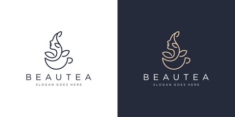 Creative Beautea Logo. Tea Cup and Beauty Women Face with Linear Outline Style. Nature Beauty Logo Icon Symbol Vector Design Template. - obrazy, fototapety, plakaty