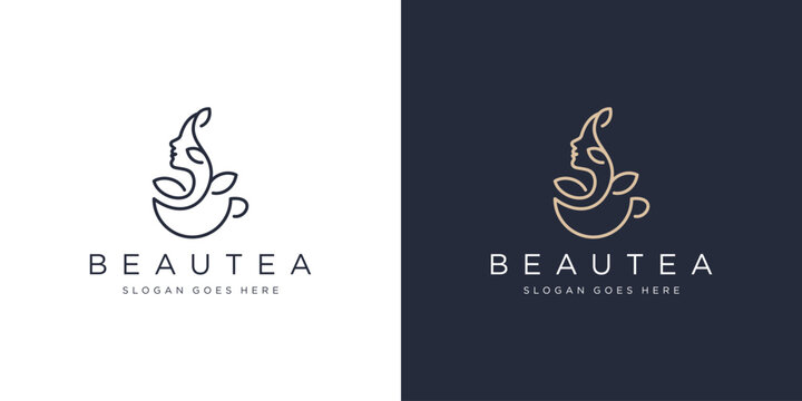Creative Beautea Logo. Tea Cup and Beauty Women Face with Linear Outline Style. Nature Beauty Logo Icon Symbol Vector Design Template.