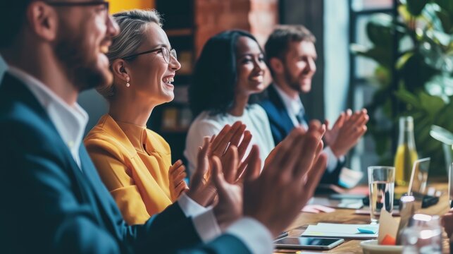 Diverse Business Professionals Applauding at Team Meeting.