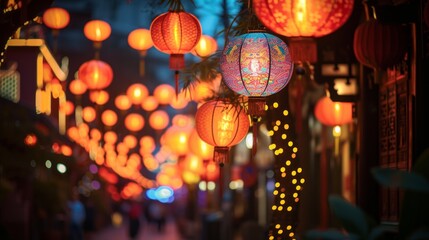 Colorful images showcasing streets adorned with intricate lantern decorations for the Chinese New Year
