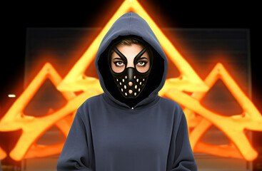 A girl in a black hoodie and a black mask against the background of a fire emblem