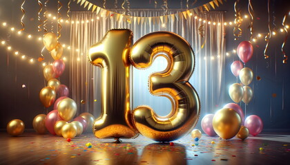 golden balloons number 13 on birthday concept background