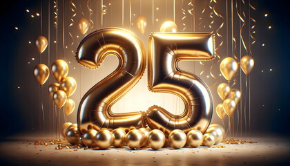 golden balloons number 25 on birthday concept background
