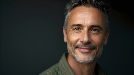 Obraz premium Confident mature man smiling, portrait with a dark background. casual clothing, stylish and approachable look. ideal for lifestyle use. AI
