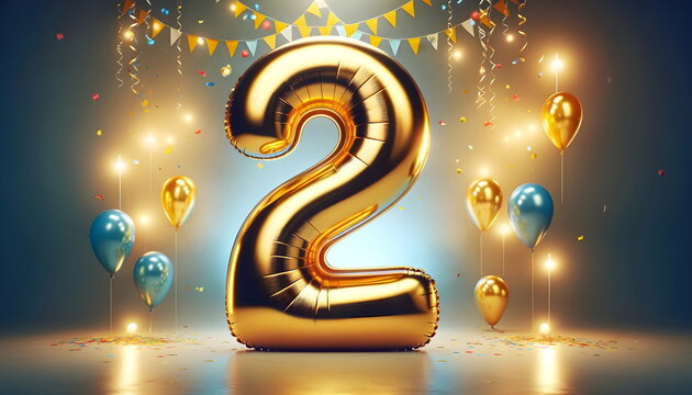 golden balloon number 2 on birthday concept background