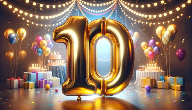 golden balloons number 10 on birthday concept background