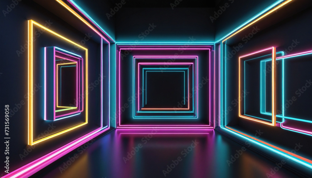 Poster 3d render. abstract geometric background of square neon linear frames glowing in the dark. futuristi
