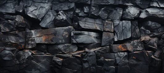Crushed volcanic basalt bricks wall texture. Wall of Volcanic rock bricks wallpaper. Volcanic rock bricks wall. Horizontal format for banners, posters, advertising.