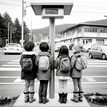 Black and white photograph of children waiting for a bus at a bus stop