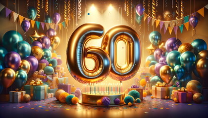 golden balloons number 60 on birthday concept background