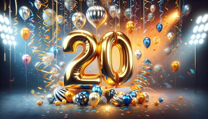 golden balloons number 20 on birthday concept background