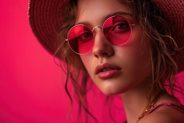 Fototapeta premium A fashion portrait of a woman showcasing her individuality by wearing a hat and red sunglasses