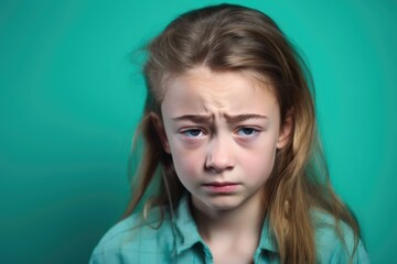 studio shot of a cute young girl looking dejected against a turquoise background