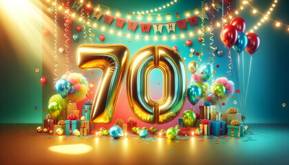 golden balloons number 70 on birthday concept background