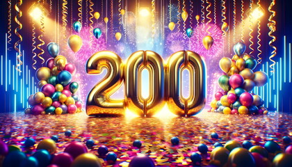 golden balloons number 200 on birthday concept background - obrazy, fototapety, plakaty