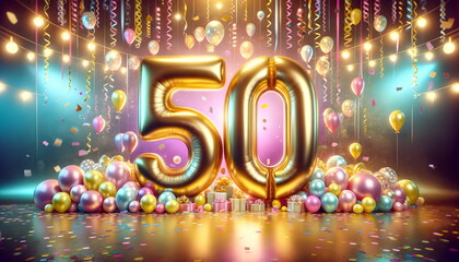 golden balloons number 50 on birthday concept background