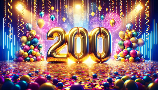golden balloons number 200 on birthday concept background