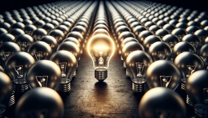 Fototapeta premium A large number of lightbulbs arranged in rows. All the bulbs are off except for one in the center. The image conveys a concept of uniqueness, innovation, or a bright idea in a field of conformity.