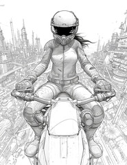 Fototapeta na wymiar Biker on a motorcycle. Traveling through future cities. A girl on a motorcycle wearing a helmet. Illustration for coloring book