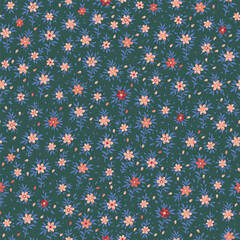 A botanical pattern with red and pink flowers against a green background, and green leaves.