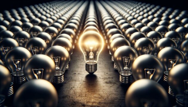 A large number of lightbulbs arranged in rows. All the bulbs are off except for one in the center. The image conveys a concept of uniqueness, innovation, or a bright idea in a field of conformity.