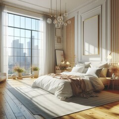 Sun-Kissed Elegance: Stylish Interior in a Cozy Bedroom on a Sunny Morning