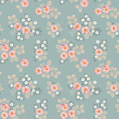 A seamless vector pattern featuring a bouquet of flowers in vintage style on a pale turquoise background. The flowers include pale pink roses, white blossoms, and beige foliage.