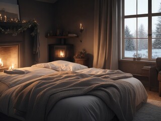 Woodland Winter Comfort: Cozy Bedroom in a Wooden Cabin