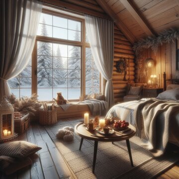 Woodland Comfort: Snowy Bedroom Escape in a Wooden Cabin