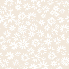 Seamless pattern of retro-style white flowers in vector format, suitable for clothes, fabrics, spider web patterns, wallpaper, packaging and all prints on a light beige background.