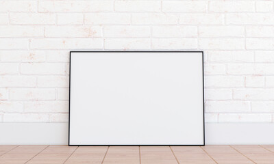 Horizontal frame mockup on white brickwall. Black thin metal frame mock up scene with oak parquet floor, interior 3d render, industrial retro style.